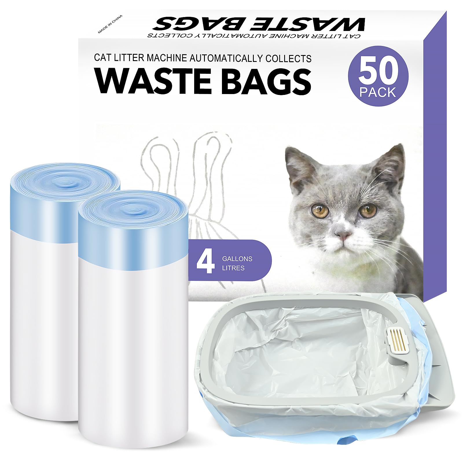 Happypaw Cat Litter Box Bags - Drawstring 50 Pcs Large Sturdy Unscented Tear & Leak Resistant Waste Bag for Self Cleaning Cat Litter box-23"×15.7"