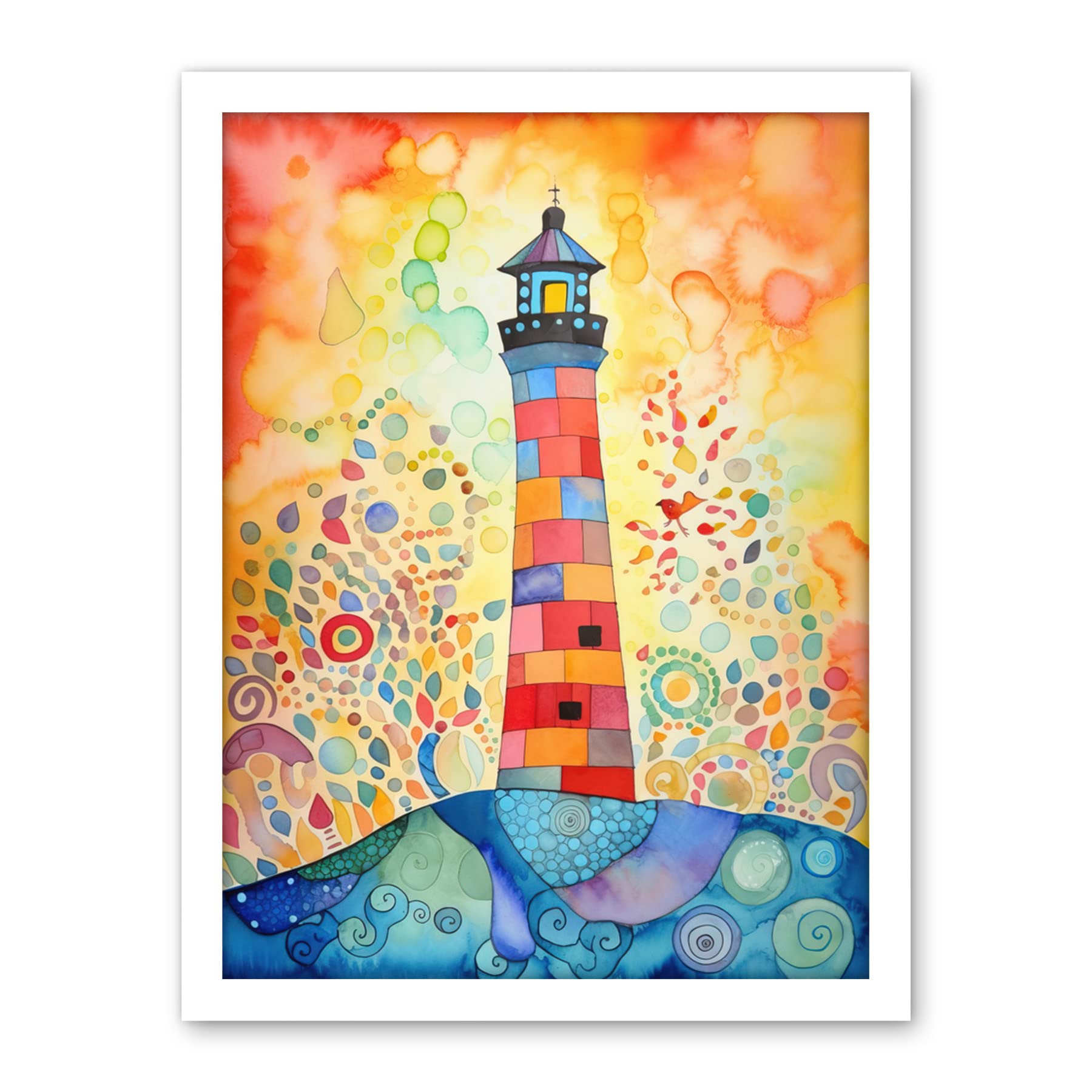 Artery8 Lighthouse At Sunset Dreamy Folk Art Watercolour Painting Artwork Framed Wall Art Print 18X24 Inch