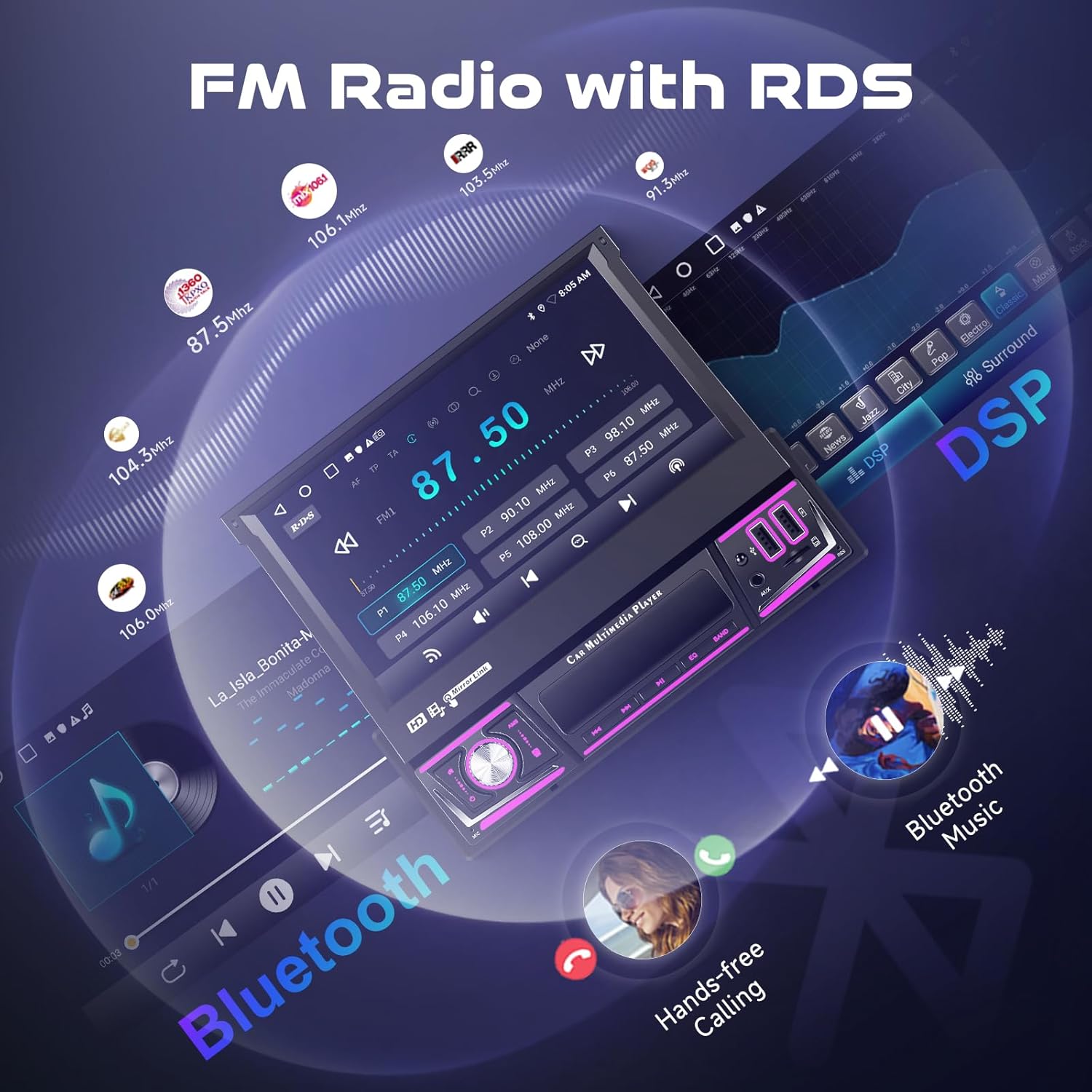 Driauto Car Stereo FM Radio with RDS, Bluetooth, and Hands-free Calling