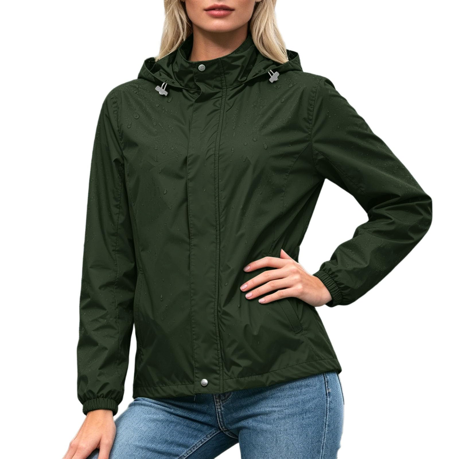 Chaqueta cortavientos ligera con capucha para mujer, ideal para actividades al aire libre. Abrigo informal liso con cremallera frontal, bolsillos delanteros y cierre ajustable.