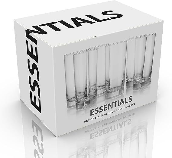 Highball Drinking Glasses, Set of 6, 17 oz, with Air Bubble in Base, Clear