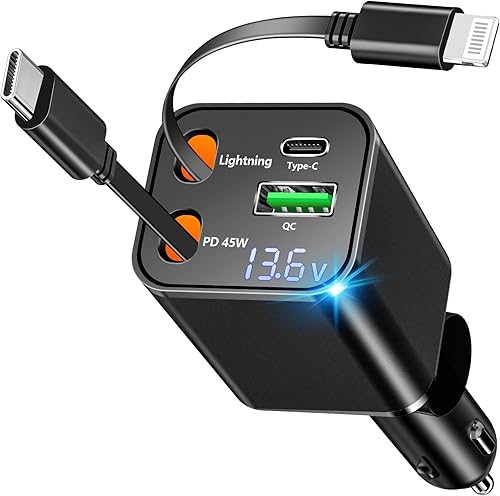Apple MFi Certified Retractable Car Charger, Linocell 120W USB C Car Charger 4 in 1 PDQC Type C Fast Charging Cigarette Lighter Adapter for iPhone