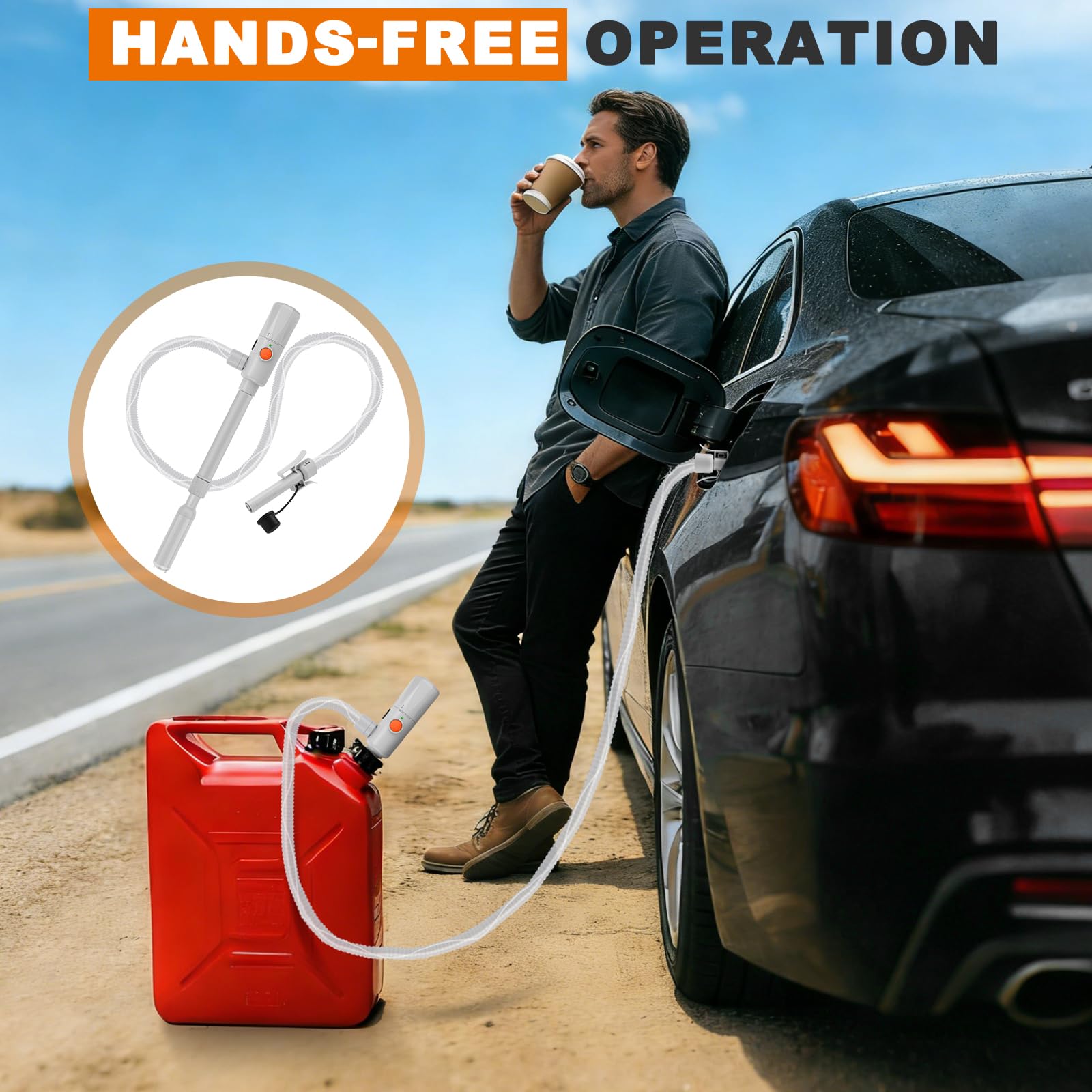 Pompa Travaso Benzina, Pompa per Gasolio Doppia Alimentazione USB-C/AA, Arresto Automatico, Portata 10,6 L/Min, Pompa di Trasferimento Carburante per Benzina Gasolio