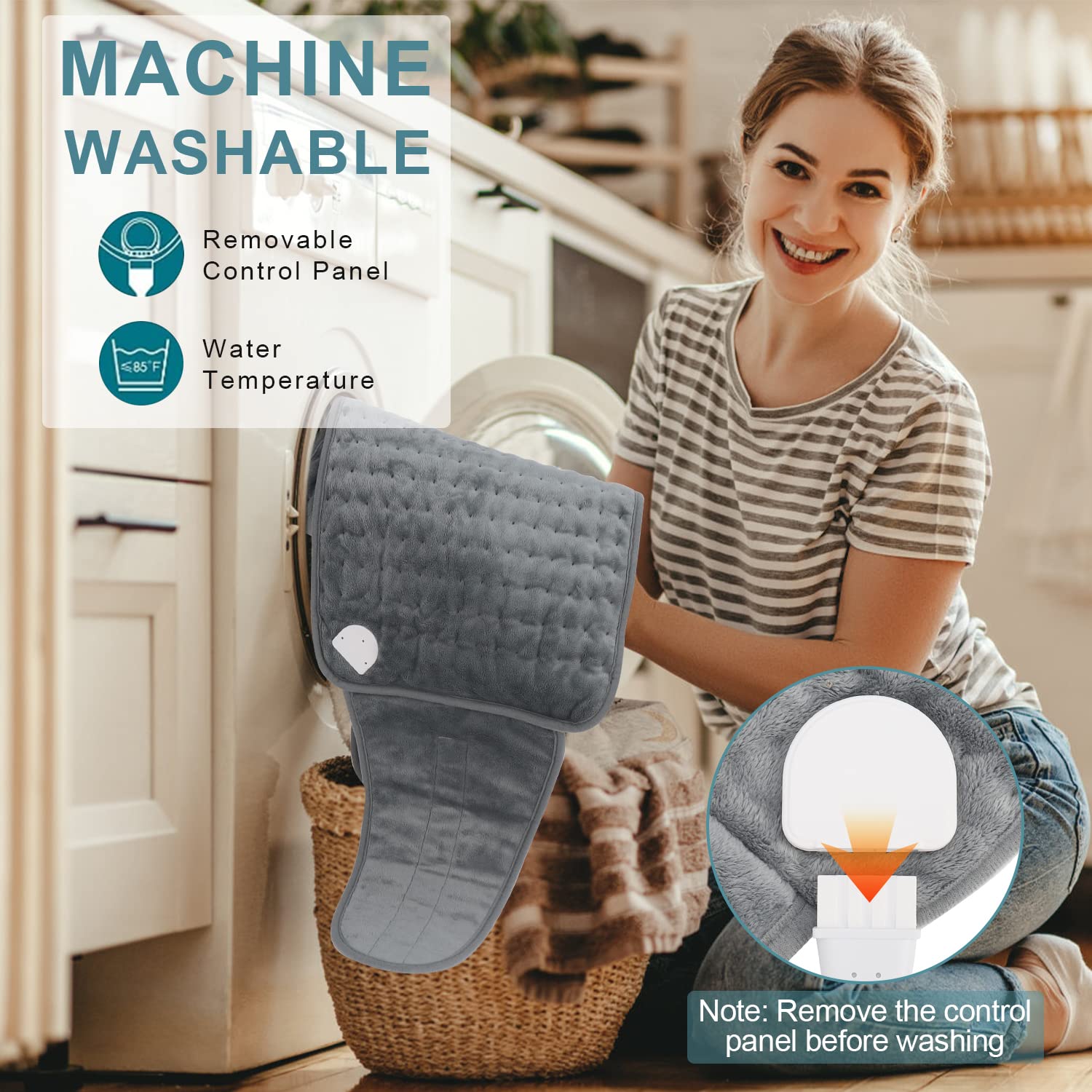 ZWOOS Coussin chauffant 120x30cm, Couverture chauffante électrique avec arrêt automatique et protection contre la surchauffe, 6 température, 4 réglages de temporisation, Lavable en machine (Gris)