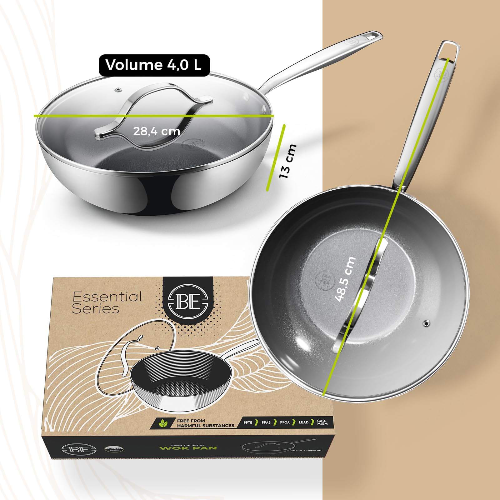 Be Living Sartén wok de acero inoxidable – Ø 28 cm – cerámica – inducción – sin PFAS, antiadherente – sartén con tapa – serie Essential