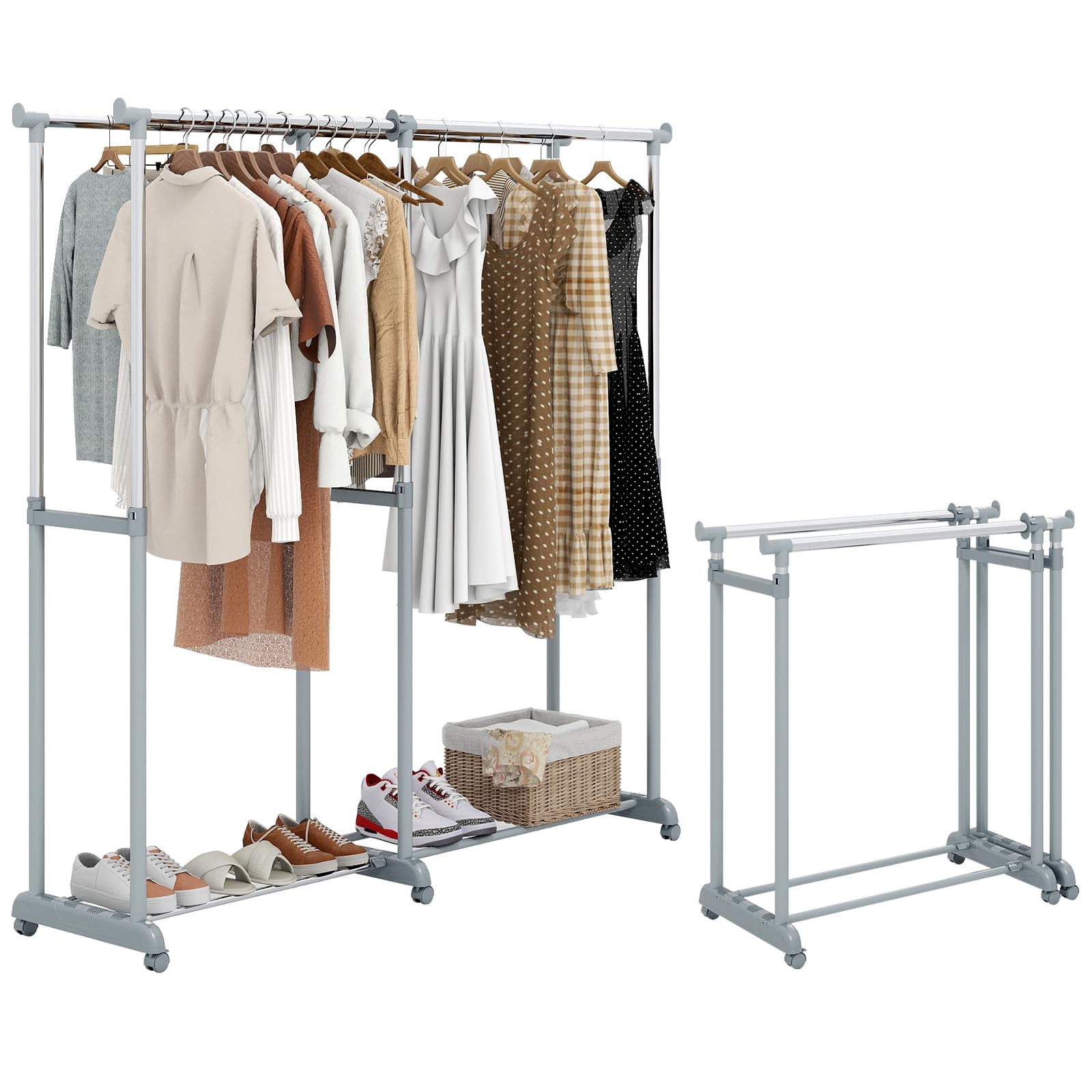 COSTWAY Burro Ropa con Ruedas, Perchero Burro de Doble Barra, Altura y Ancho Extensibles, Metálico, Perchero de Pie Lavandería Dormitorio Salon, 167.5 x 44 x 168,5 cm, Plata