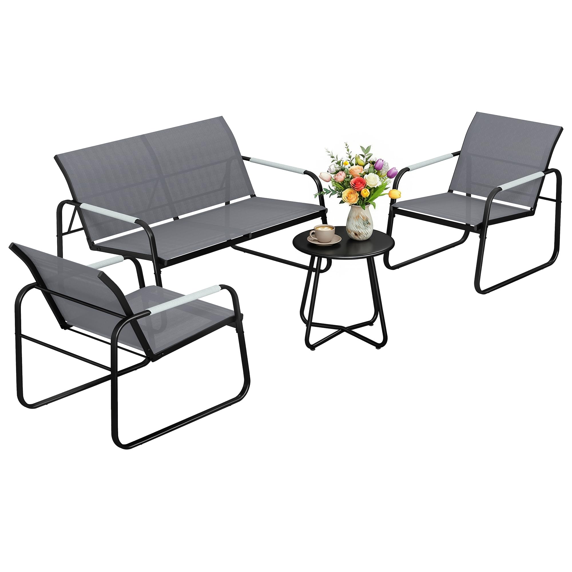Outsunny Gartenmöbel Set Sitzgruppe für 4 Personen Atmungsaktiv Grau | 2er Sofa, 2 Sessel, Seilflecht, Rund Tisch, Fußpads, Wetterfest, Outdoor Balkonmöbel, Terrassenmöbel, für Garten Balkon