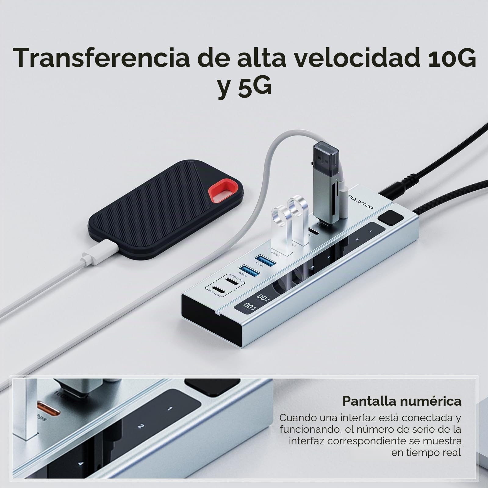 USB C 3.2 Hub activo con fuente de alimentación, concentrador USB 3.2 9 en 1 con 3 x 10 Gbps de datos, 4 x USB A 3.1 Data Hub y 2 x PD de 45 W de carga (no compatible con vídeo y datos