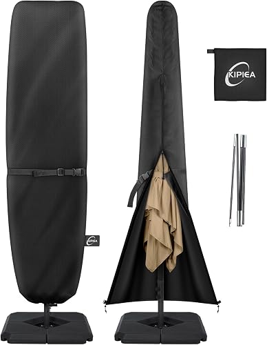 Kipiea Patio Umbrella Cover for 13'-15' Double-Sided Umbrella, Upgraded 600D Heavy Duty Outdoor Umbrella Covers with Support Pole and Zipper