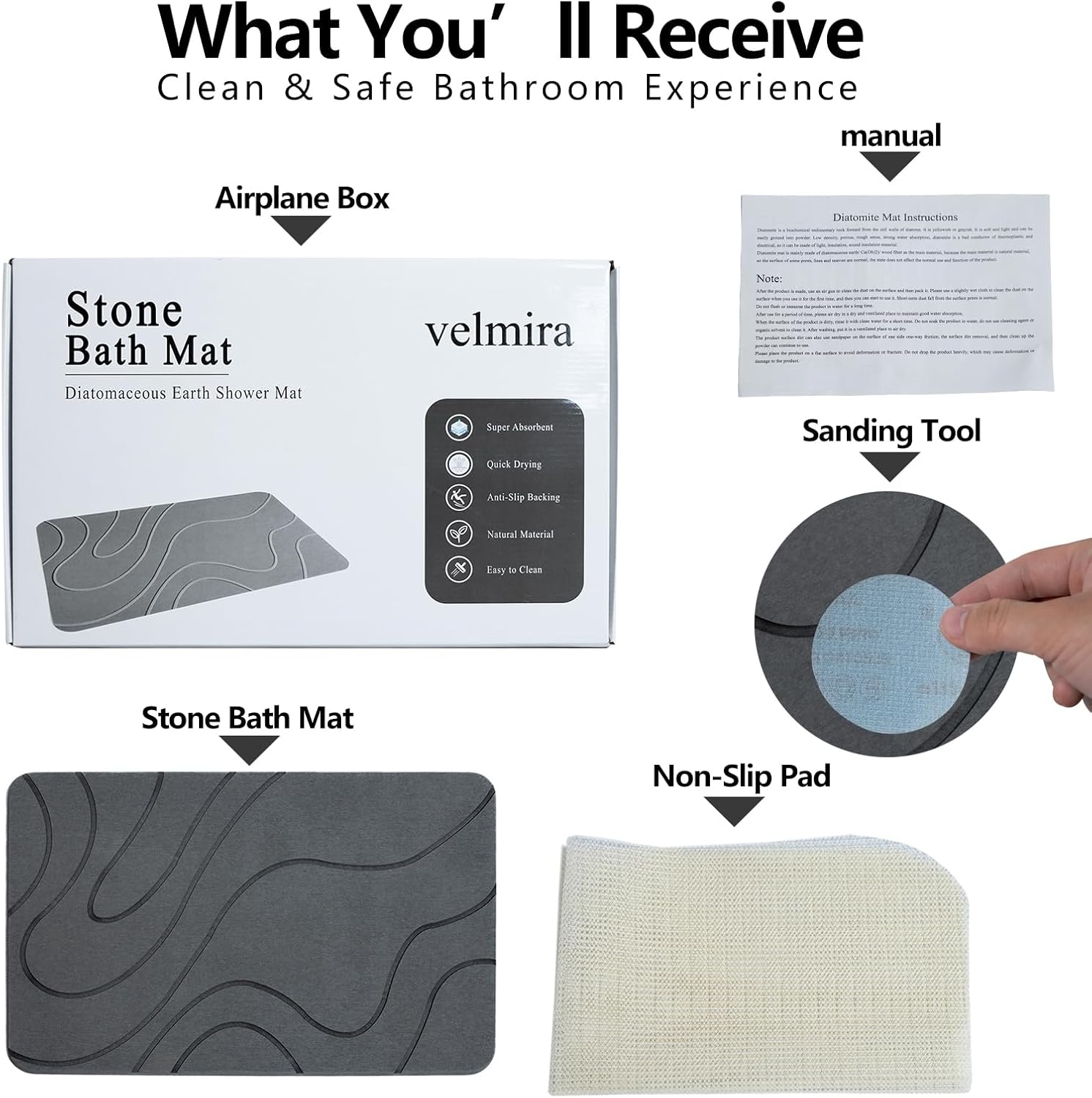Stone Bath Mat, Quick Dry Shower Mat, Diatomaceous Earth Shower Mat, Non-Slip Hard Surface, Ultra Absorbent Bathroom Floor Mat for Tub, Entry, or Sink – 23.6" x 15.4", Gray (Wave)