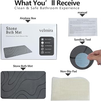 Stone Bath Mat, Quick Dry Shower Mat, Diatomaceous Earth Shower Mat, Non-Slip Hard Surface, Ultra Absorbent Bathroom Floor Mat for Tub, Entry, or Sink – 23.6 x 15.4, Gray (Wave)