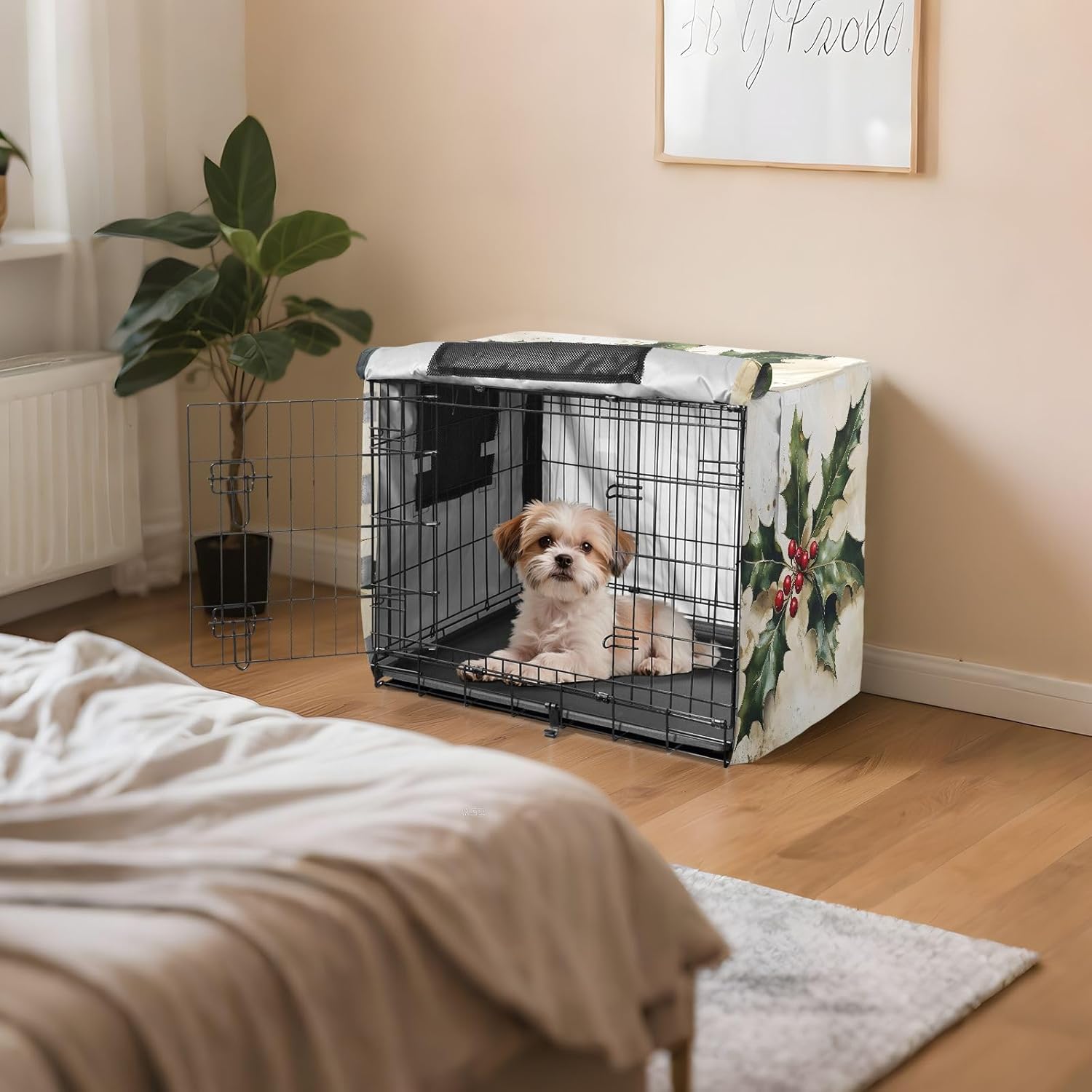 Christmas Holly Pet Kennel Cover with Mesh Windows, Windproof Cage Cover, X-Large