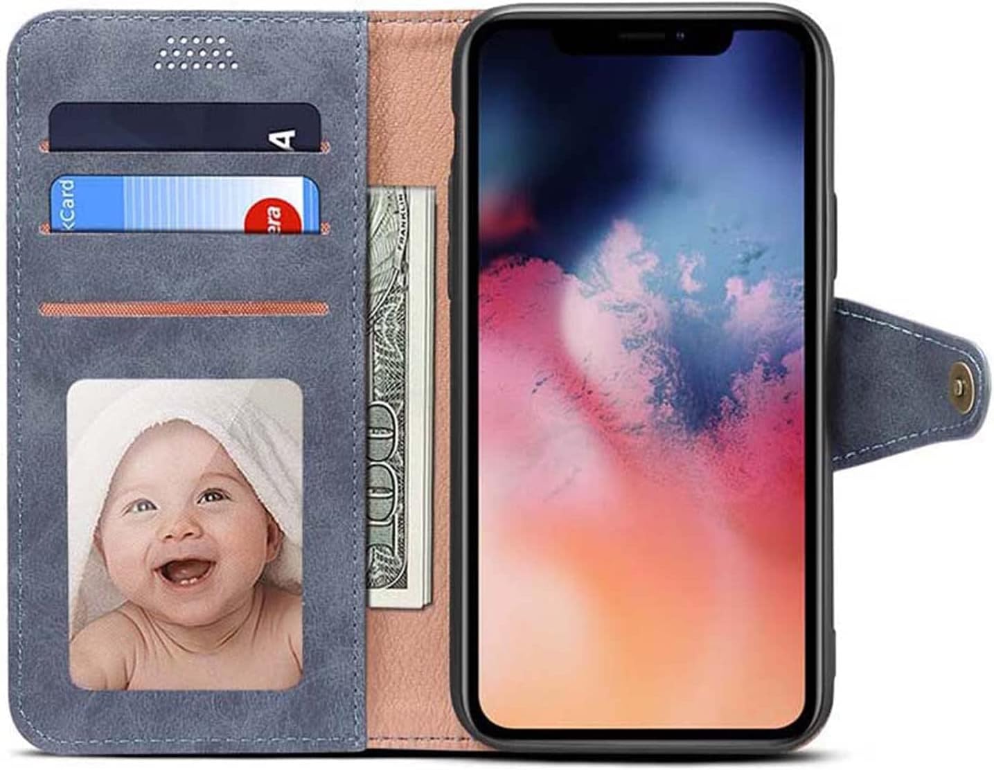 for Apple iPhone 14 Case 6.1 inch 2022 Imitation Leather Flip Folio Shockproof Wallet Phone Case [Kickstand] [Card Holder] (Color : Grey)