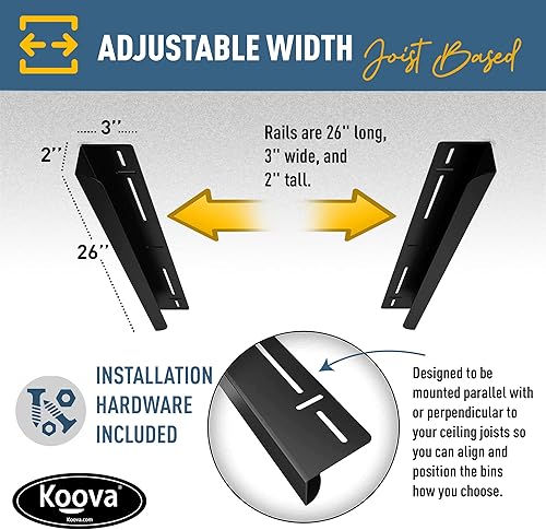 Miniatura 7 de Koova Estante de almacenamiento para garaje de alta resistencia para 4 contenedores. Ancho ajustable, capacidad de 160 libras. Soporte de techo