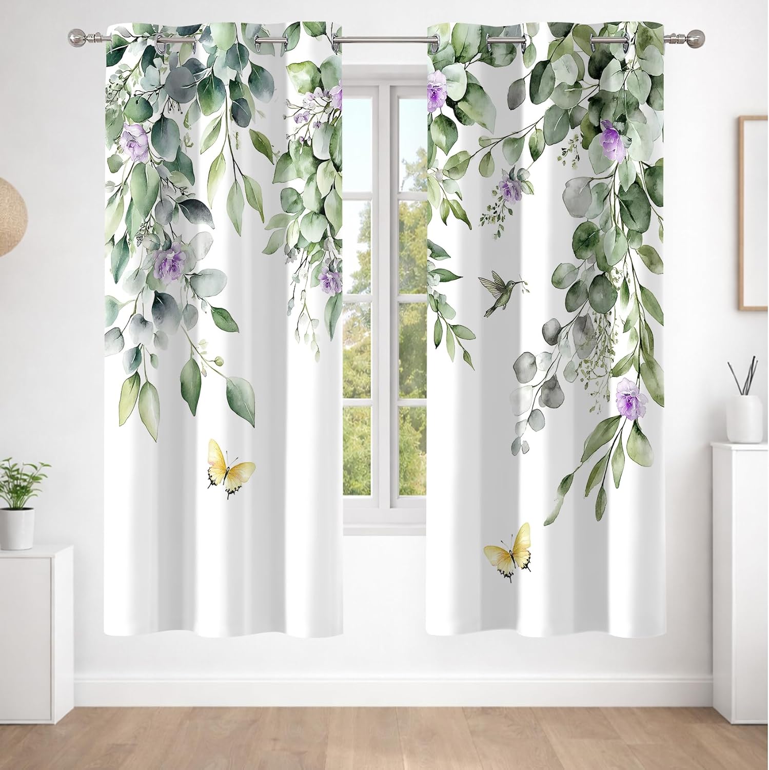 2 Panels Sage Green Eucalyptus Blackout Curtains for Bedroom, Green Leaf and Purple Floral Butterfly Pattern Drapes for Living Room Apartment Dorm Decor Window Curtains, 42W X 63L inches