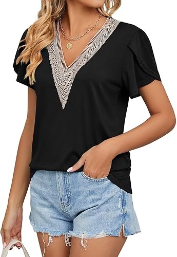 Miniatura 4 de WELINCO Camisetas básicas de verano para mujer, cuello en V, manga de pétalo, estilo casual