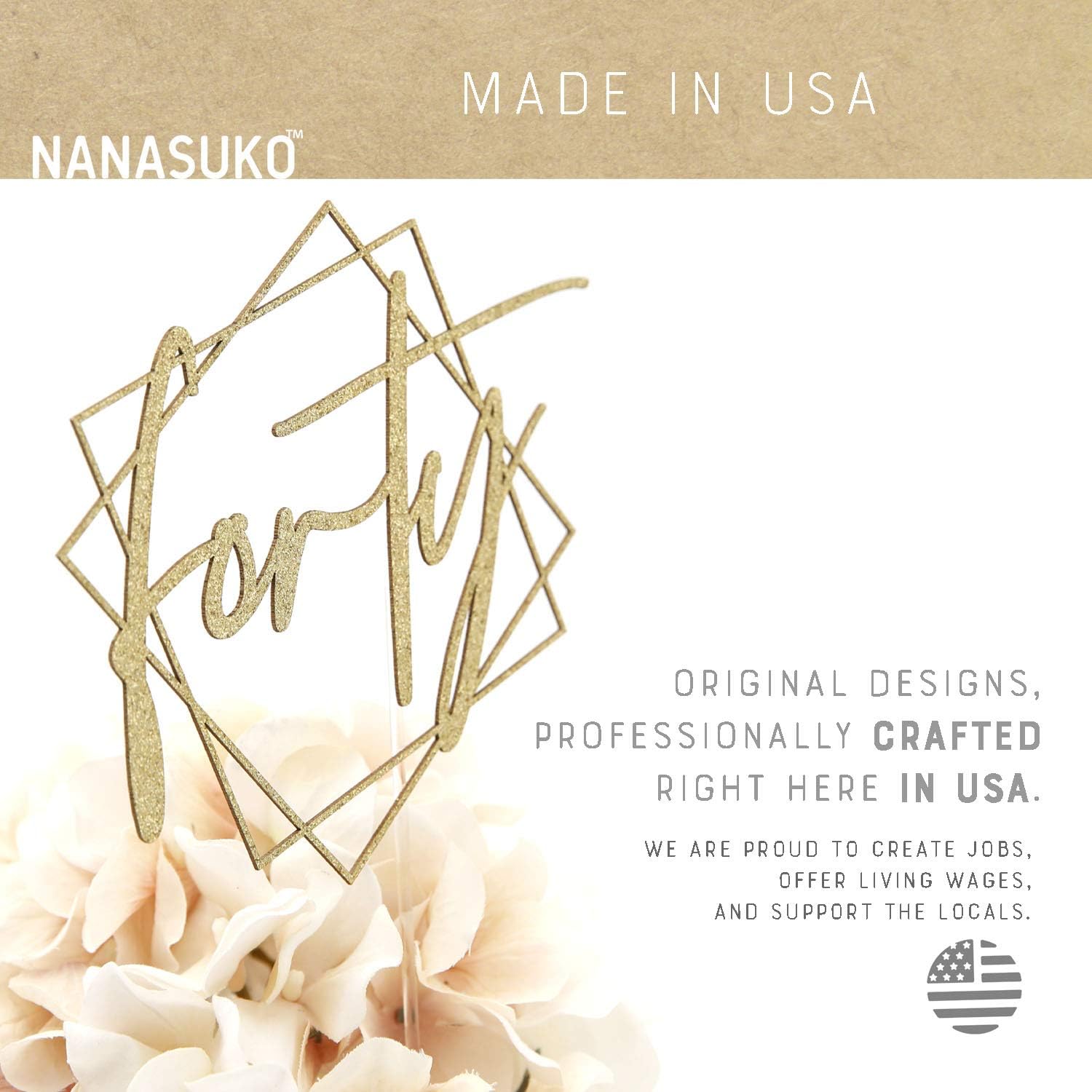 40th Birthday Cake Topper - forty - with Modern Geometric Frame - Double Sided Gold Glitter - Premium Quality Made in USA