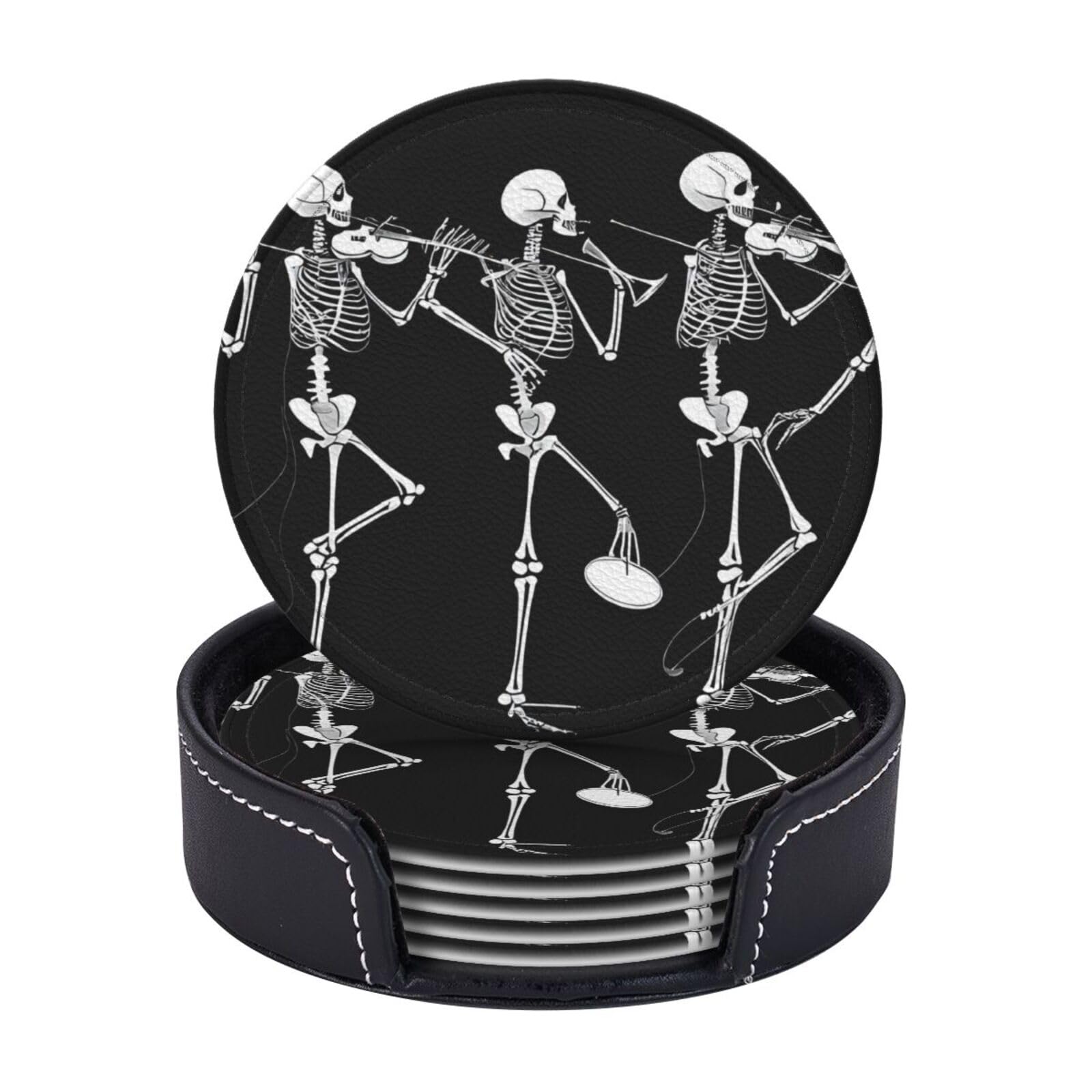 Coasters Set of 6 Microfiber PU leather Coasters with Holders for Drinks Coffee Bar Accessories, House Apartment Coffee Table Decor, Housewarming Gifts - Halloween Posable Skeleton Skull