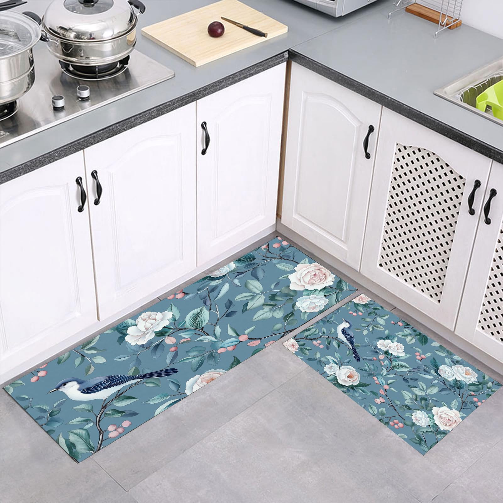Tapis de cuisine lavable 40x60cm et 40x120cm paillasson bleu clair