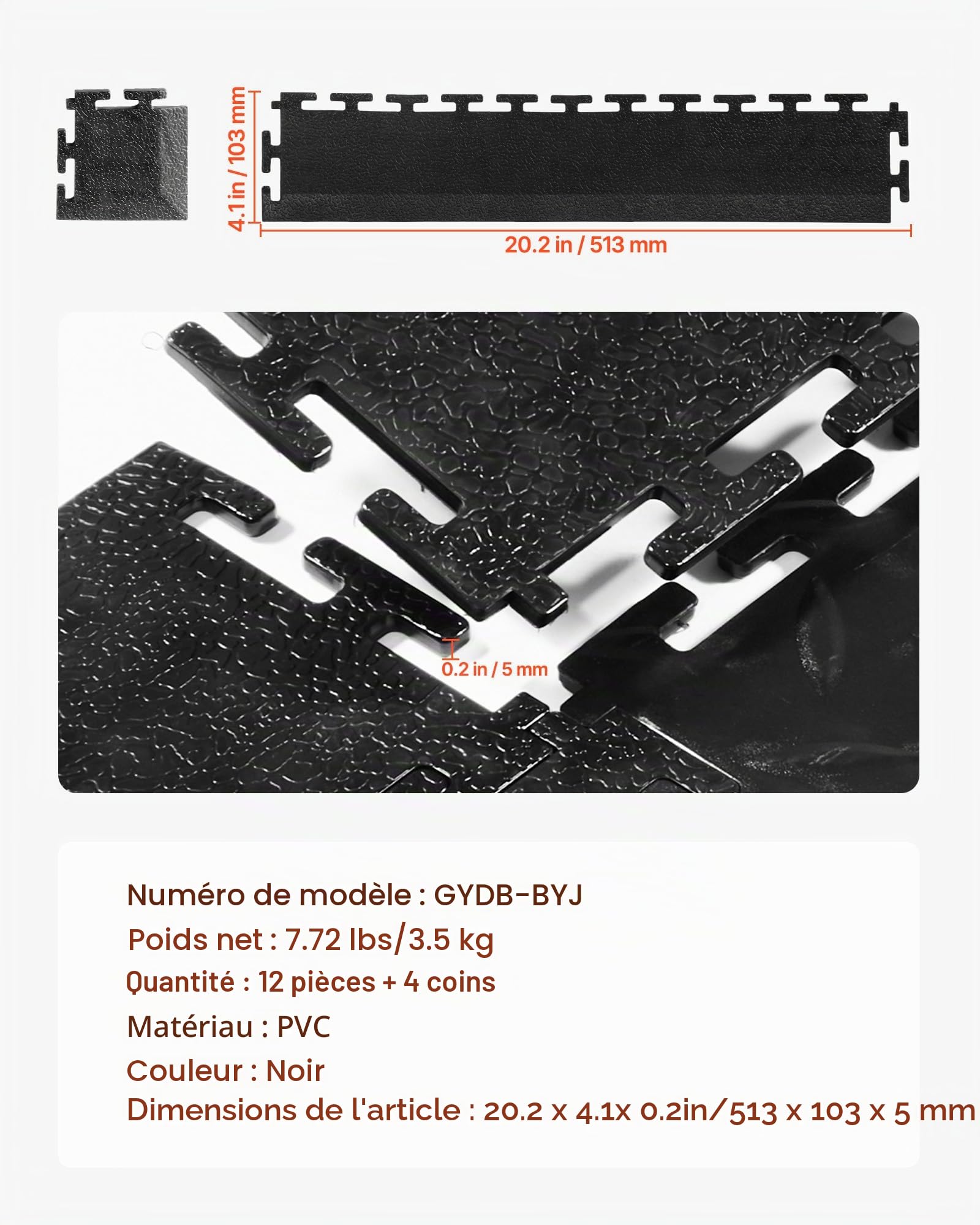 VEVOR Kit Bordures pour Dalles de Sol Garage, 12 Bords 4 Coins, Modulaires et Emboîtables, en PVC, Antidérapantes, Compatibles Uniquement avec Dalles de Sol de Garage Emboîtables 4 Côtés VEVOR, Noir