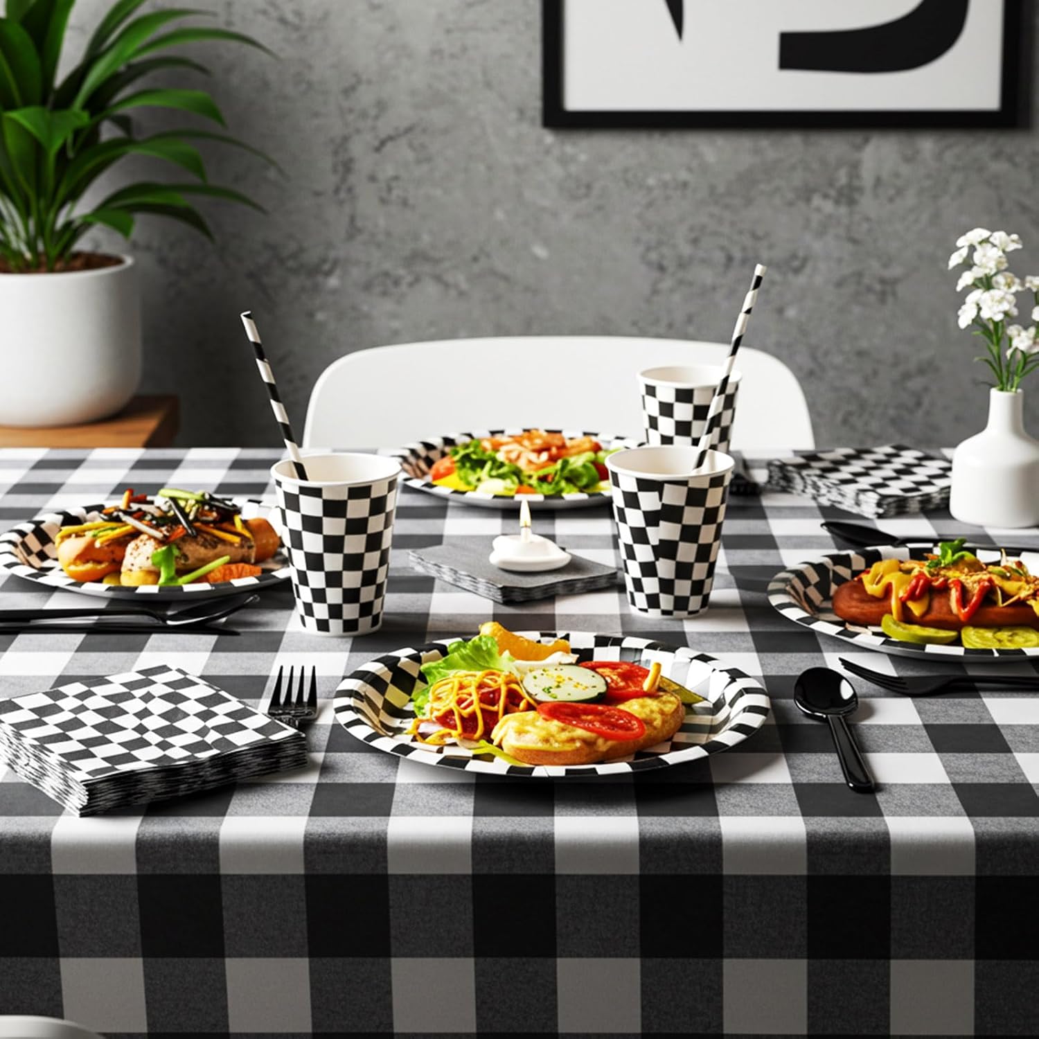 452 Pcs Checkered Flag Party Supplies for 50 Guests, Black and White Checkered Paper Plates Napkins Cups Tablecloth Cutlery Straws for Race Car Birthday Party Decorations - Image 6