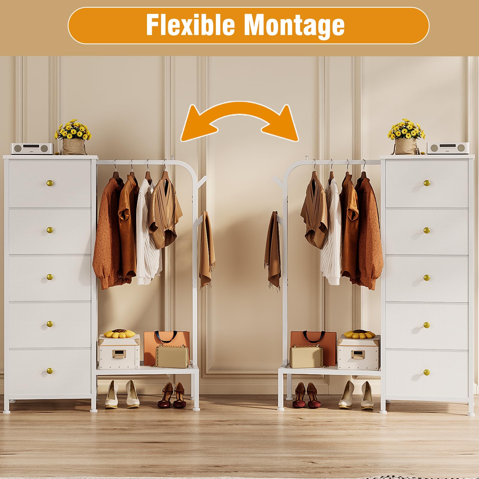 Trironsun Schmaler Stoffkommode mit 5 Schubladen und Kleiderstange Kinderkleiderschrank mit Hängeregal umkehrbar montierbar platzsparender Kleiderschrank für Schlafzimmer oder Kinderzimmer (Weiß)