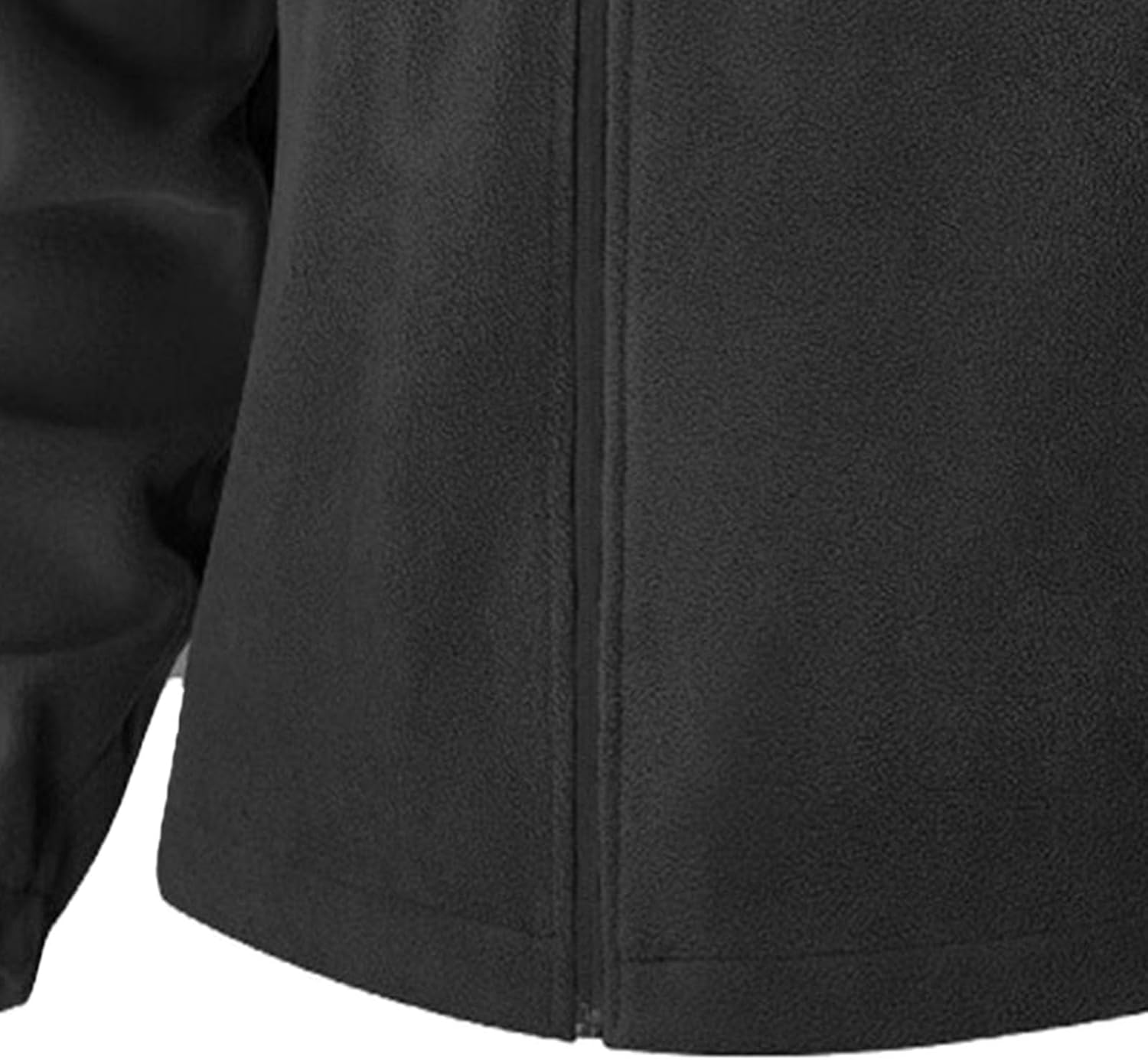 Close-up View of a Black Fleece Jacket Zipper and Hem
