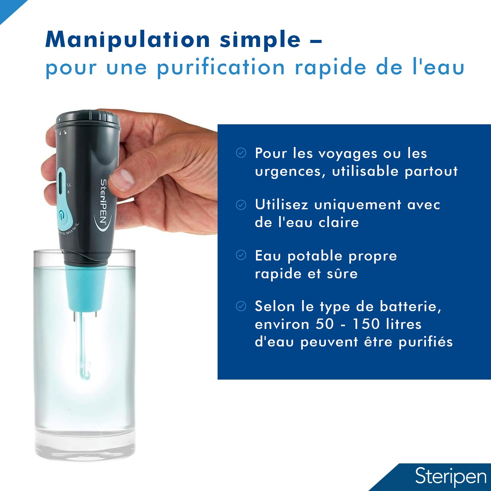 STRERIPEN Aqua UV purificateur d'eau - utilise la technologie UV-C pour éliminer 99,9% des virus, bactéries et protozoaires en 90 secondes - sûr et sans produits chimiques