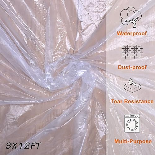 Miniatura 8 de Oiyeefo Paños de plástico transparente para pintura, 5 piezas de lona de plástico de 9 x 12 pies, impermeable, a prueba de polvo, casi resistencia