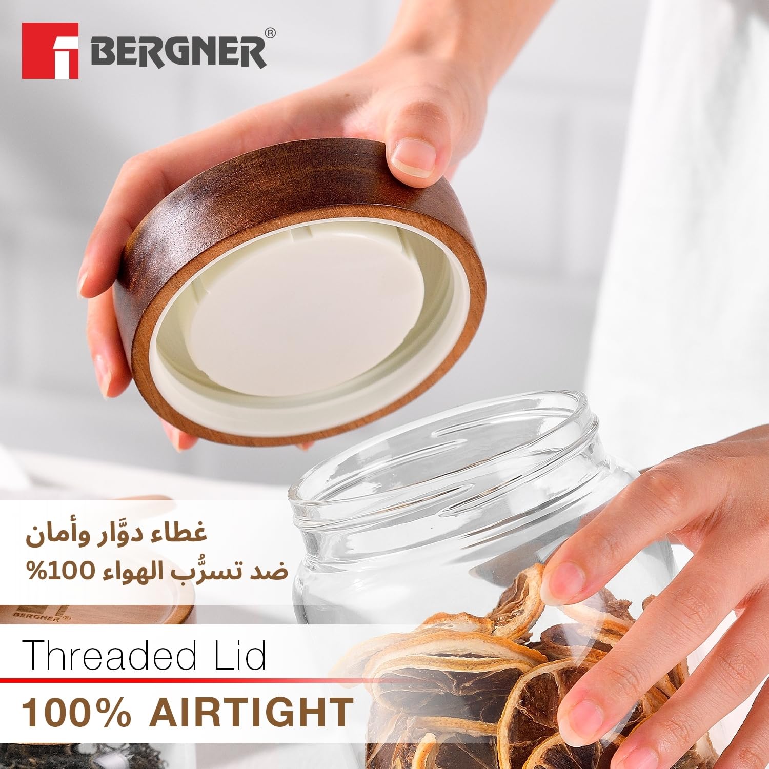 BERGNER Acadia Borosilicate 550ml Glass Jar with Solid Wood Lid, For Storing and Preserving Sugar, Flour, Tea, Coffee, Spices, Oats | Airtight Multipurpose Glass Container for Kitchen — Amazon image 3