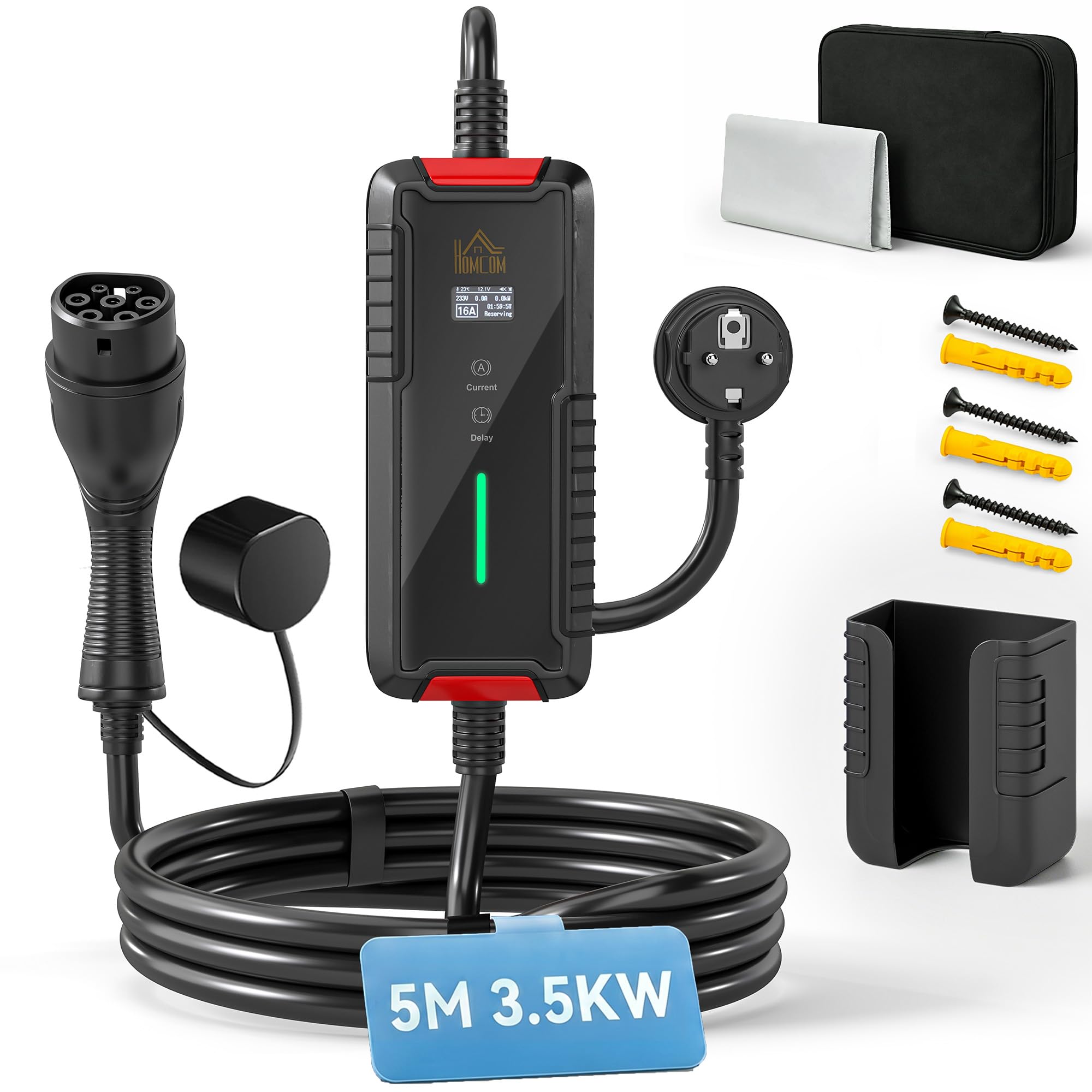 HOMCOM Ładowarka samochodowa typu 2 3,5kW [5m, 6/8/10/13/16A] - przenośny kabel ładujący z cyfrowym wyświetlaczem LCD i bezpiecznym samowyzwalaczem - Mobilna stacja ścienna do VE PHEV Zoe Tesla e-208