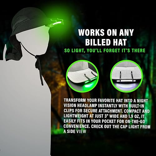 Miniatura 3 de MODERN NEEDS Luz de gorra de visión nocturna – Linterna compacta con clip alimentada por AAA | Modos LED duales para acampar y cazar | Linterna