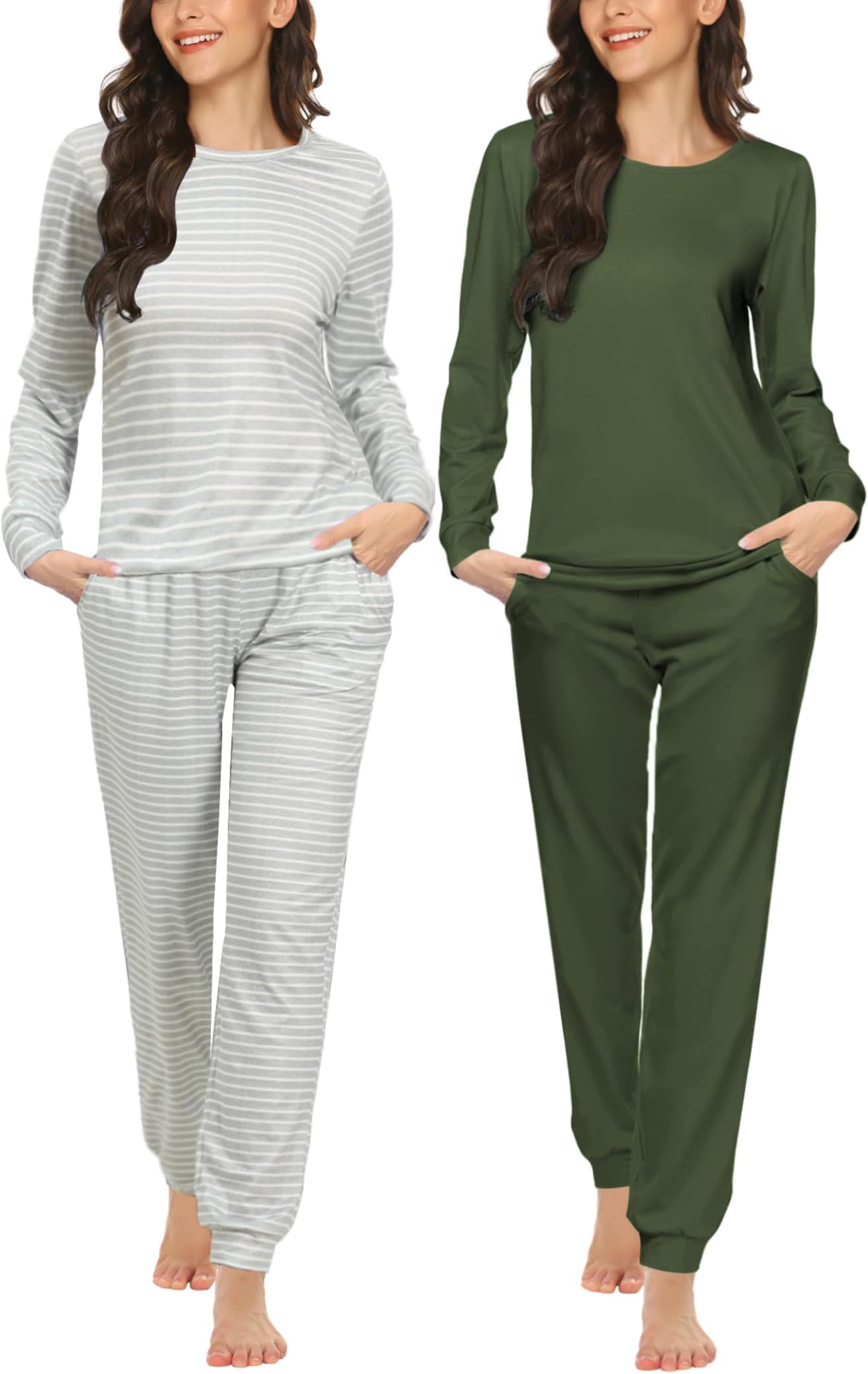 2 Pack Pajama Sets for Women,Long Sleeve Top With Jogger Pants Lounge Set Sleepwear with Pockets