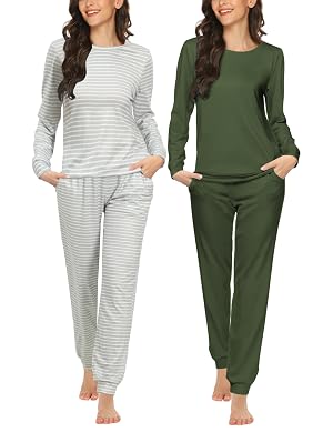 Ekouaer 2 Pack Pajama Sets for Women Long Sleeve Top With Jogger Pants Lounge Set Sleepwear with Pockets