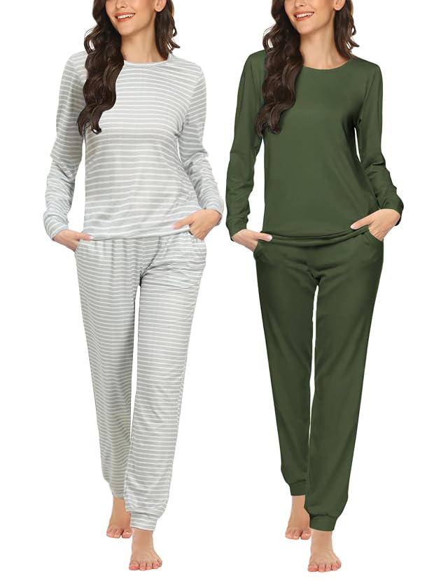 Ekouaer 2 Pack Pajama Sets for Women Long Sleeve Top With Jogger Pants Lounge Set Sleepwear with Pockets