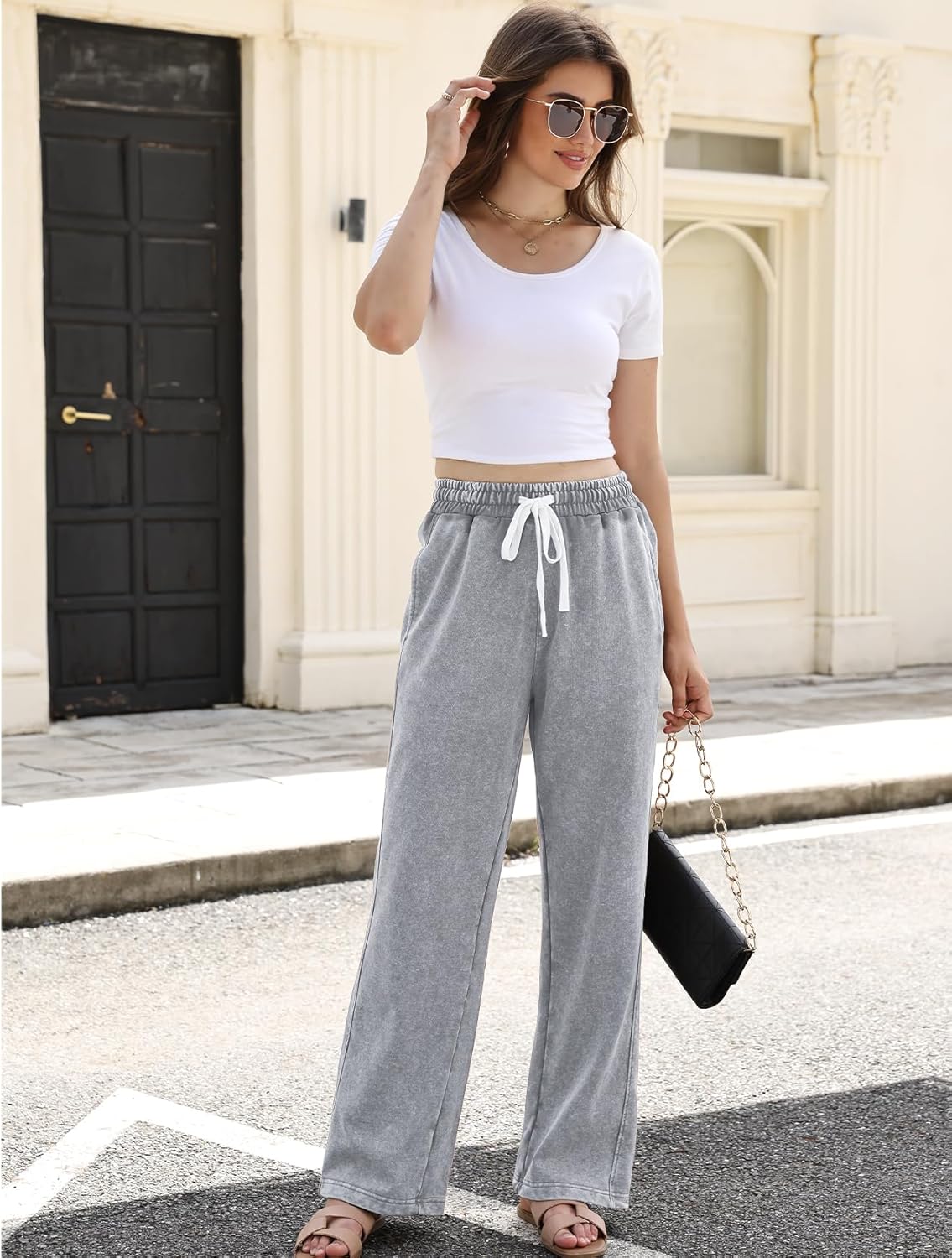 Gihuo Womens Baggy Sweatpants Wide Leg Palazzo Pants Acid Wash Cotton Pants Drawstring Athletic Jogger with Pockets - Image 7