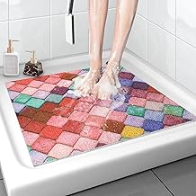 Non-Slip Shower Mat, 60 x 60 cm, Soft Comfort Safety Bath Mat with Drainage Holes, PVC Luffa Massage Shower Mat for Wet Areas, Quick Dry, Mumeric Print