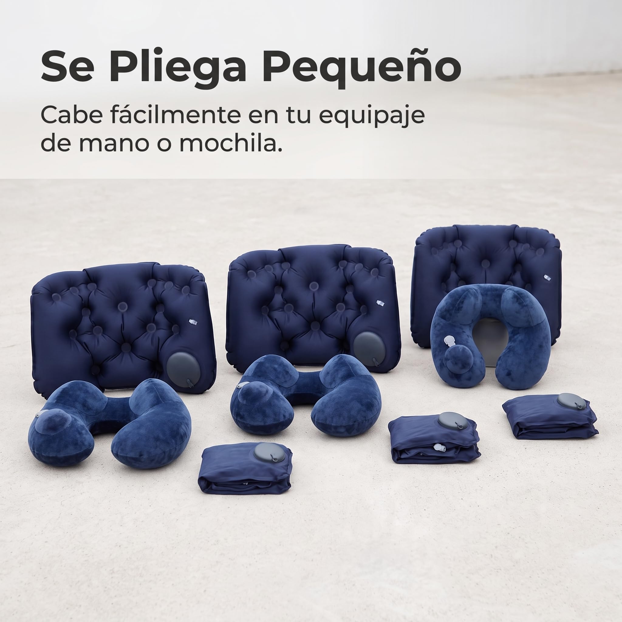 Almohada Viaje Inflable para Adultos, Cojín Cervical y Reposapiés para Avión y Coche, Cojín Lumbar Inflable a presión + Almohada de Viaje en Forma de U de Camello, Color Azul Marino