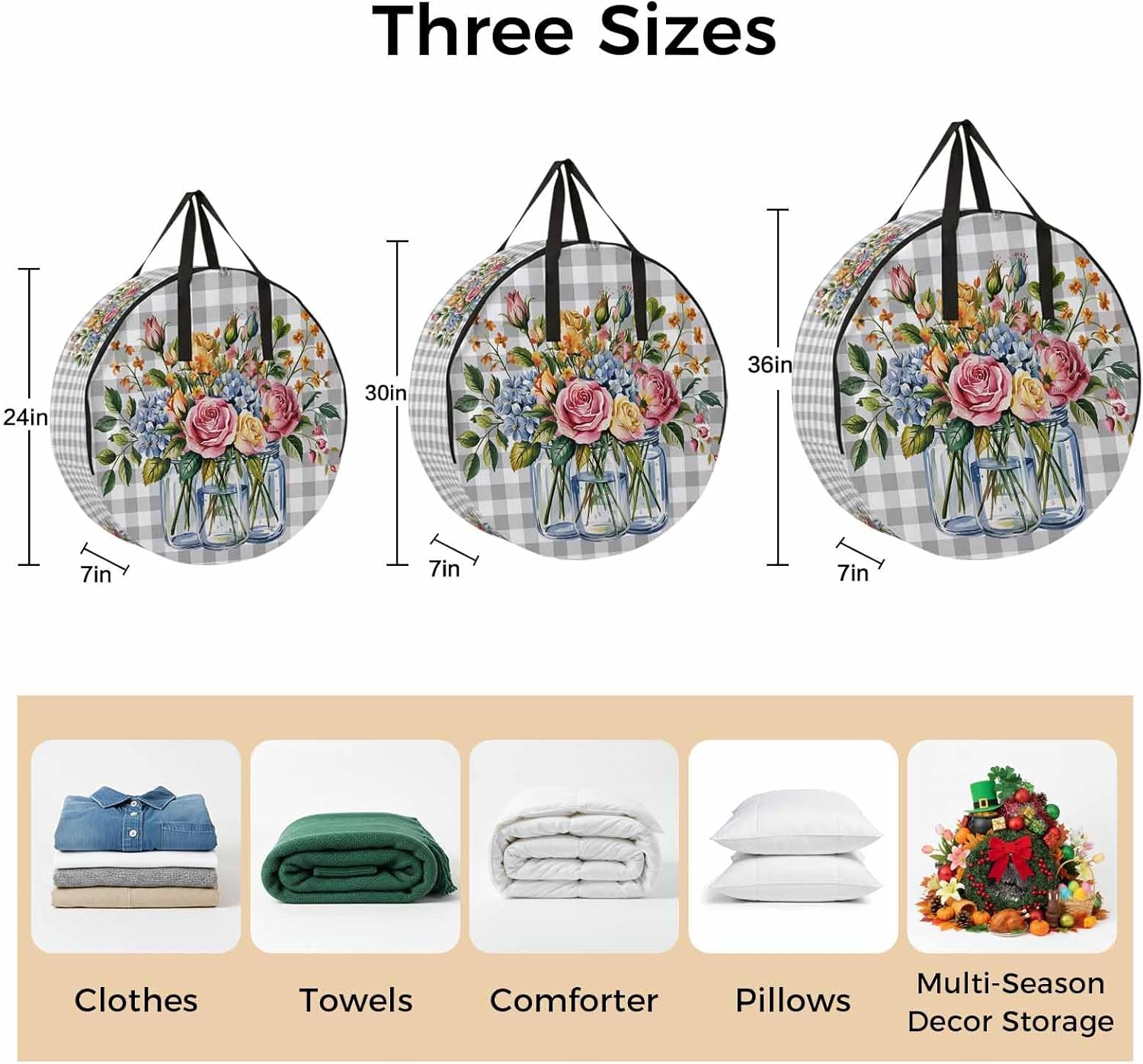 Storage Bag Flower Vase Round Storage Totes Bins Closet Organizers with Zippers & Handle Leaves Plant Grey Plaid Clothes Storage Container for Bedroom Dorm Space Saving Packing Supplies Moving Bags