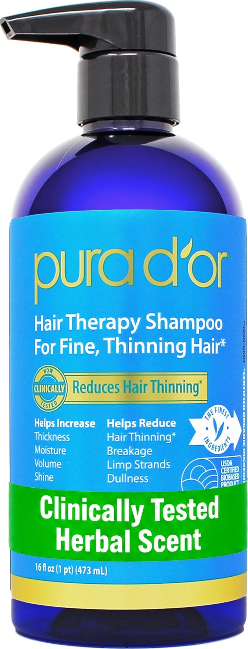 PURA D'OR Hair Thinning Therapy Biotin Shampoo - CLINICALLY TESTED Effective Results, Herbal Blend Hair Thickening Products For Women & Men, Color Safe Routine Shampoo, Herbal Scent 16 Fl Oz