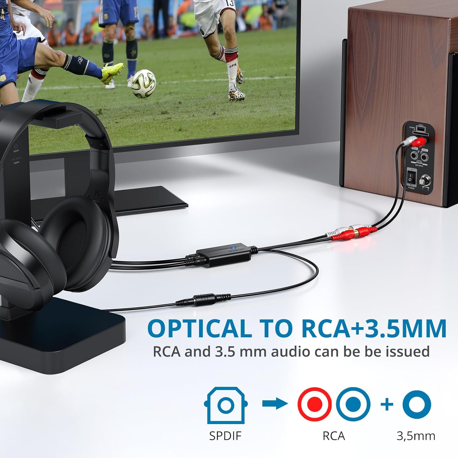 Diagram showing SPDIF input converting to RCA and 3.5mm outputs