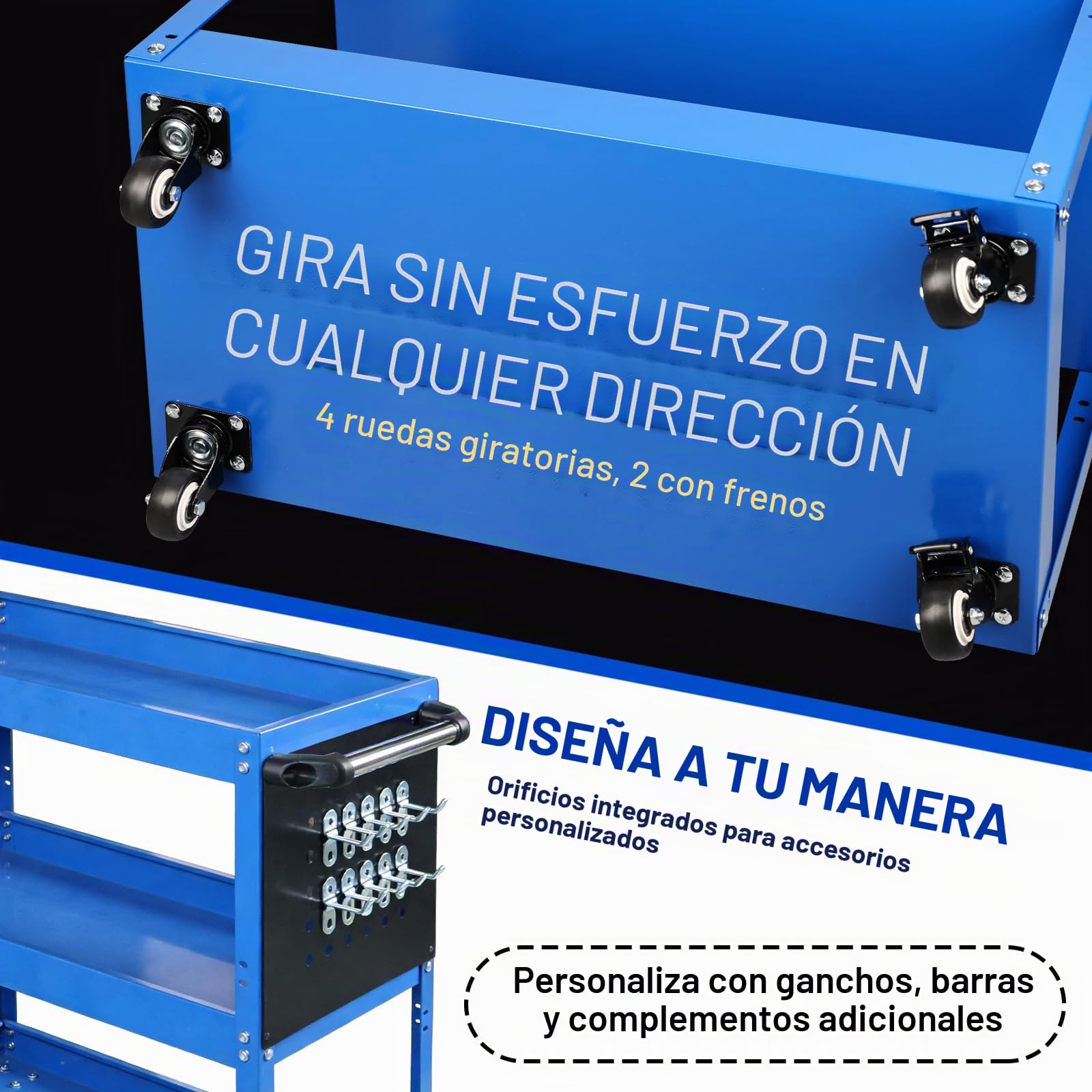 Carro con ruedas de acero inoxidable, 3 pisos, resistente, con ruedas, carro de material multifuncional, 66 x 35,5 x 72 cm, carro multiusos para garaje y taller, color azul, 250 kg en total