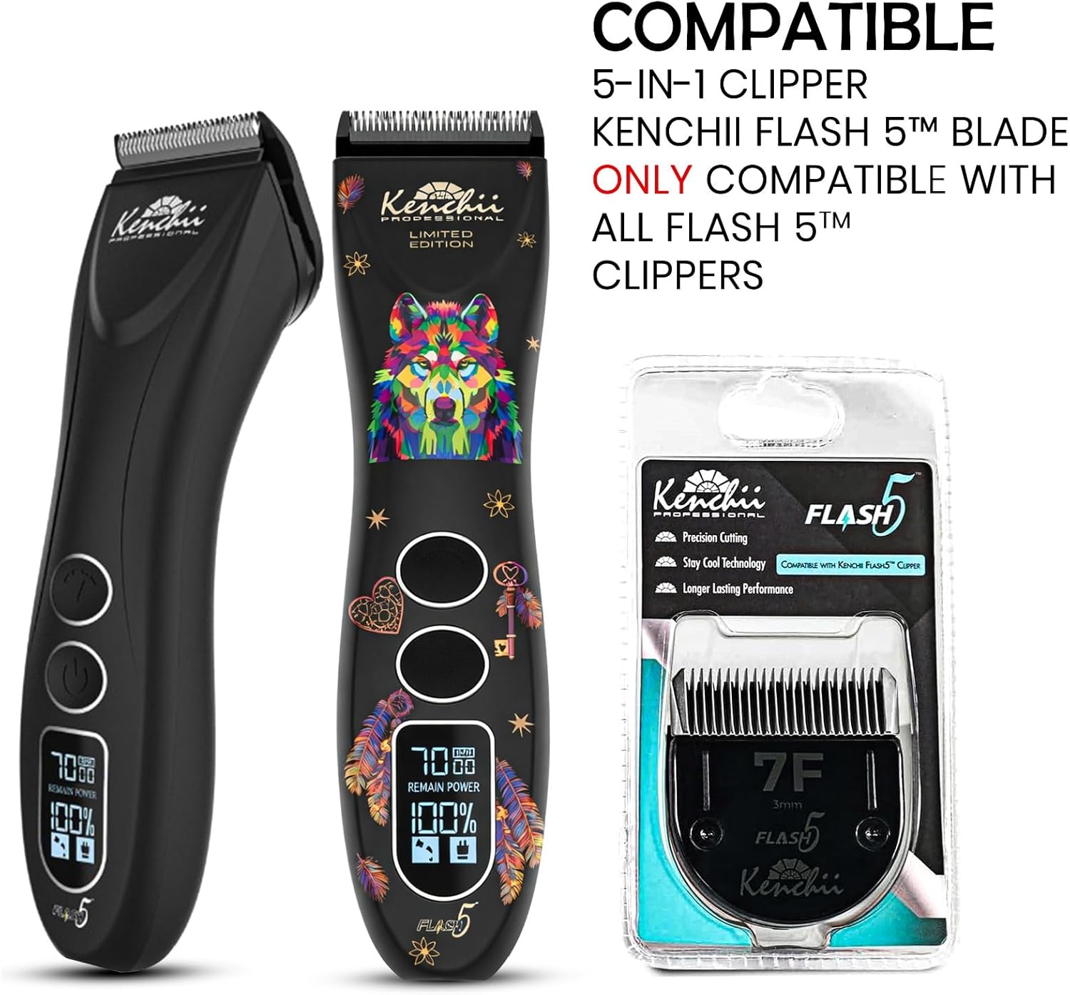 Kenchii Professional Dog Clipper Blade Flash 5 Pet Hair Clipper - Detachable Stainless Steel Blades for Dog Grooming - Hair Clippers & Accessories Pet Shaving Blades. (KEFB5-7F)