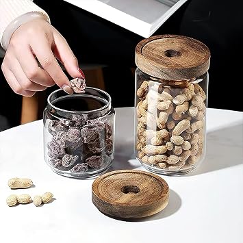 1300ml / 44 fl oz Clear Large Glass Storage Canister Holder with Airtight Wood Lid, Modern Decorative Container Jar for Coffee, Spices, Candy, Salt, Cookies, Condiments, Pepper, Sugar