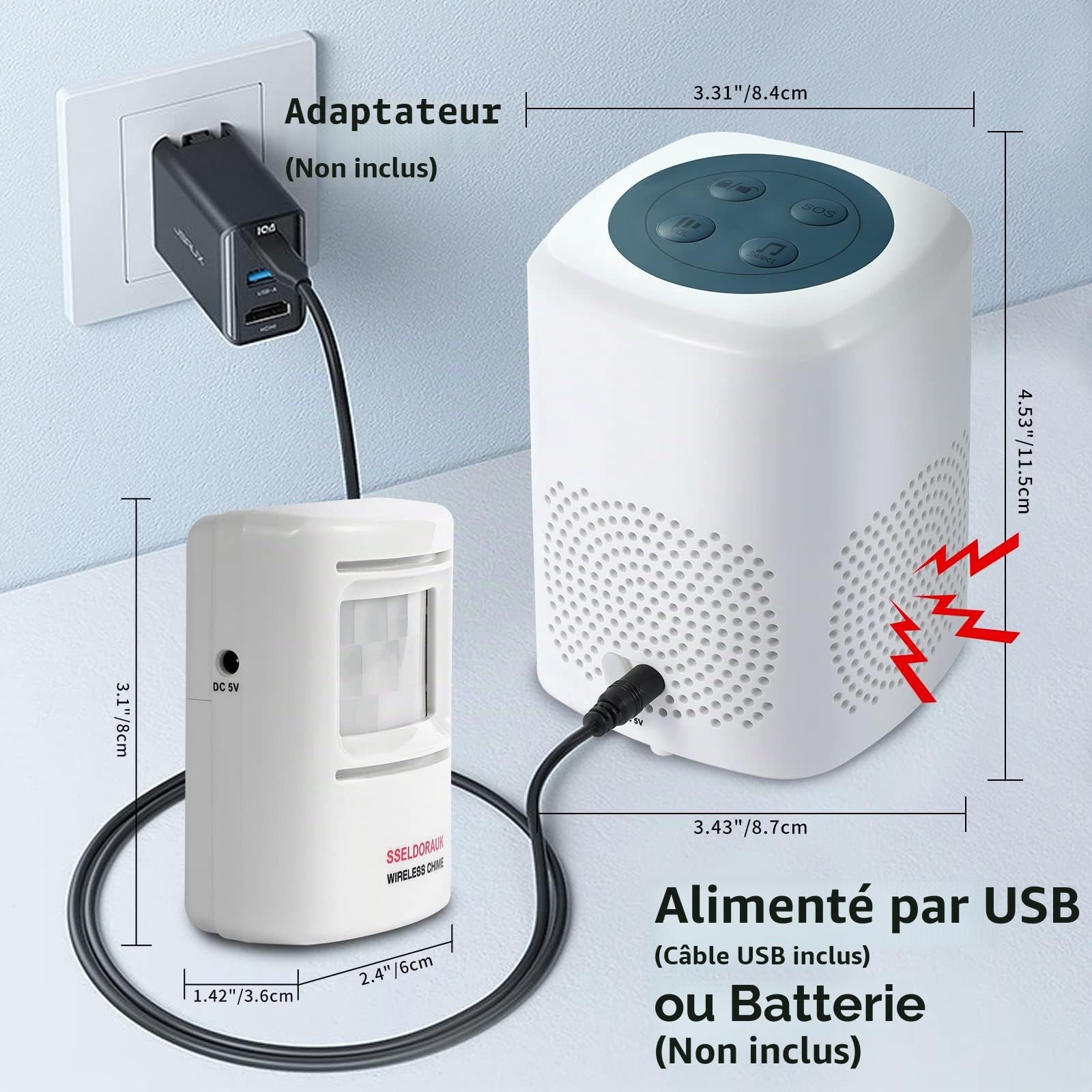 Détecteur de mouvement d'alarme d'aboiement de chien, détecteur de sécurité domestique sans fil de 300 mètres, kit de cloches de porte (lot de 1 capteur + 1 récepteur)