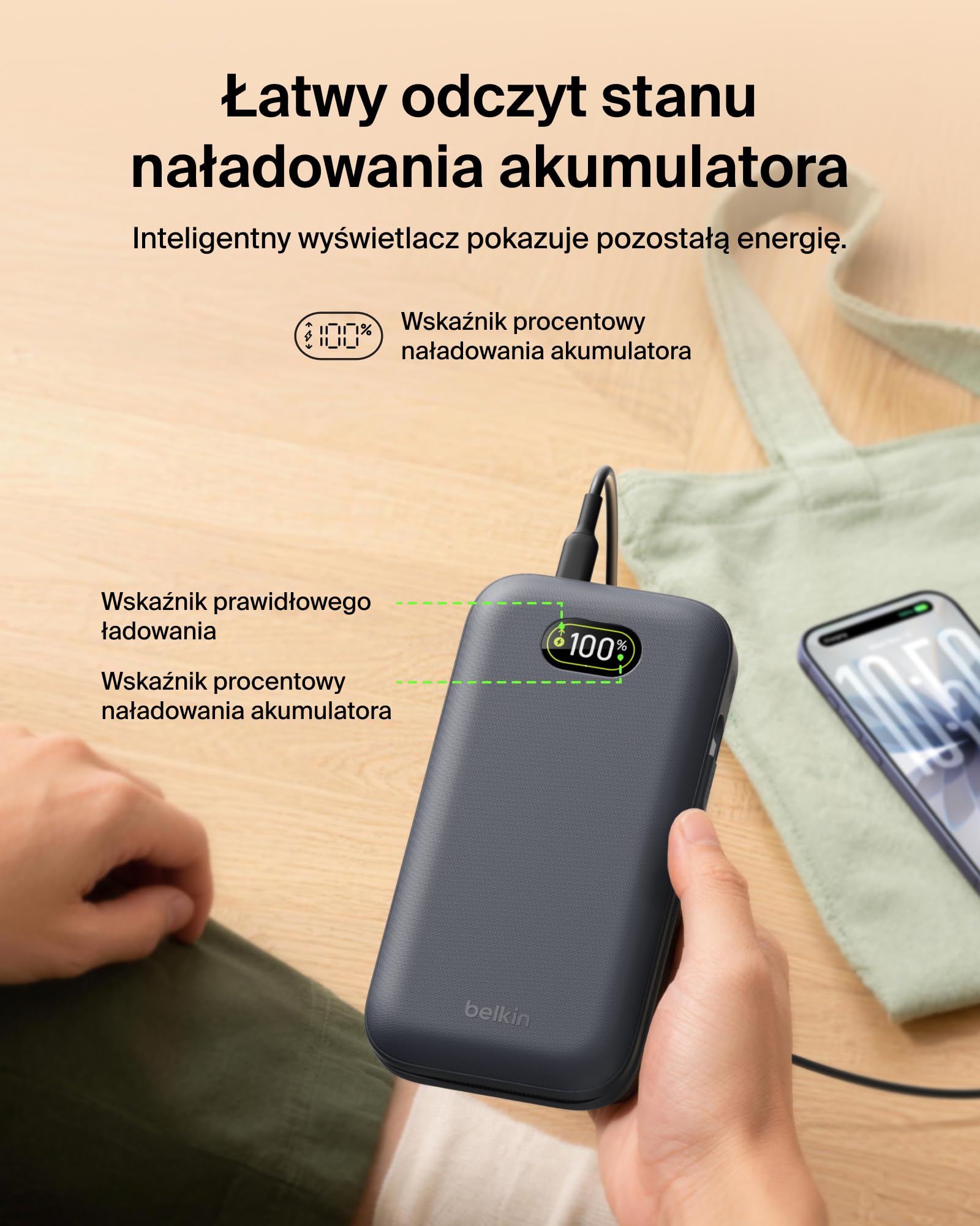 Belkin UltraCharge Pro Powerbank 27 000 mAh, Przenośna Ładowarka ze Wbudowanym Kablem USB-C, 240 W USB PD – Szybkie Ładowanie Urządzeń MacBook Pro, iPhone, iPad, Galaxy, Pixel i Innych – Antracytowy