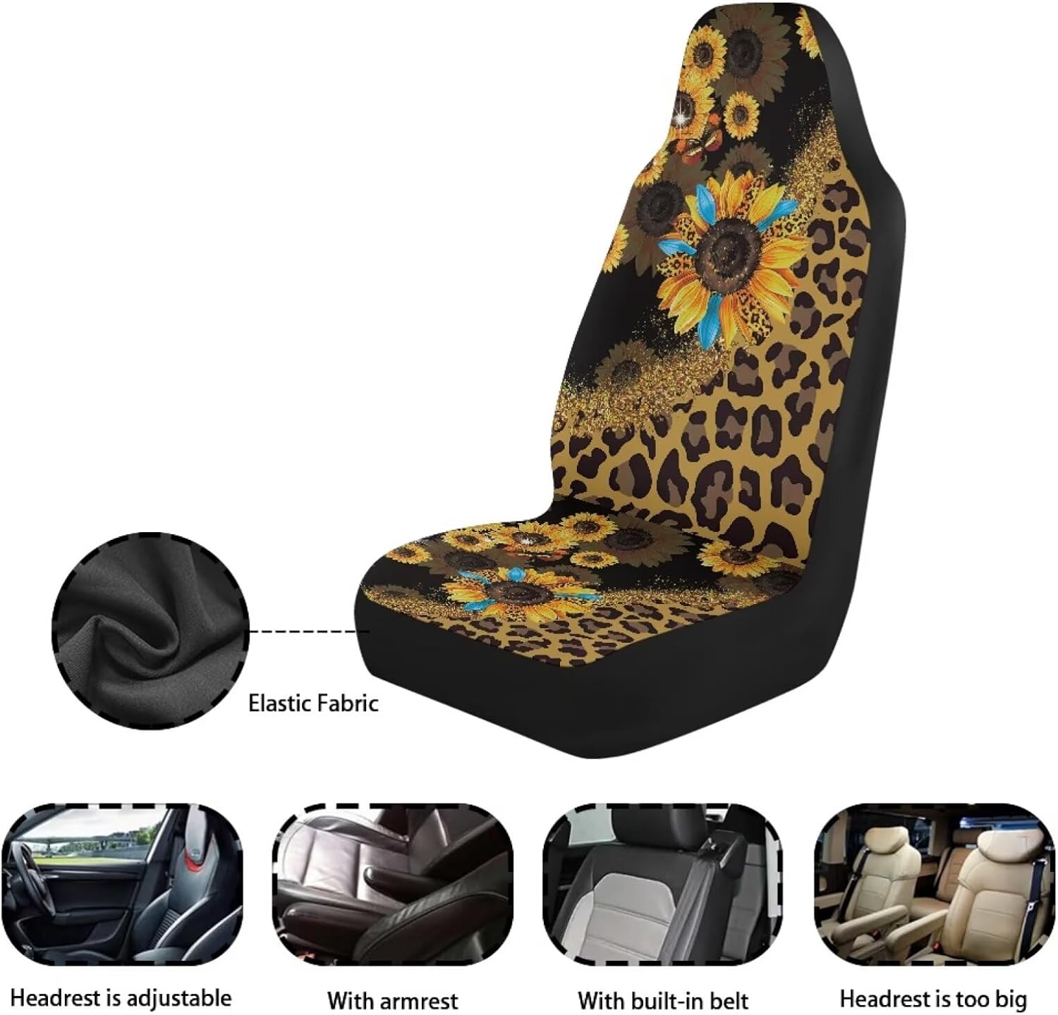 Sunflower Leopard Print Car Seat Covers Full Set,2 Pieces Women Men Universal Vehicle Interior Seat Mat Cover Sunflowers Car Accessories Seats Protection,Fit for SUV Truck Sedan