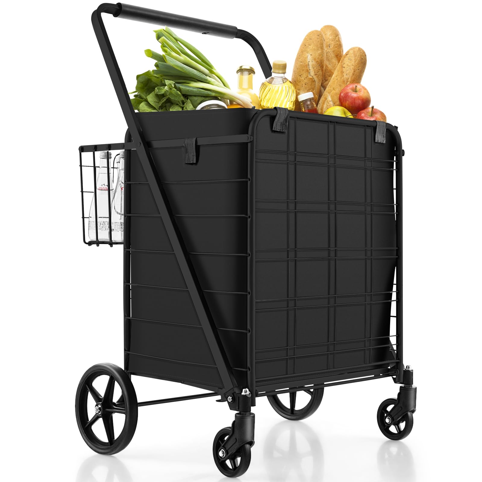 GYMAX Carrello Porta Spesa, Carico 100 kg, 100+22 L, 4 Ruote (2 Ruote Universali), Trolley Pieghevole, in Metallo, 64 x 66 x 103 cm (Nero con Borsa)