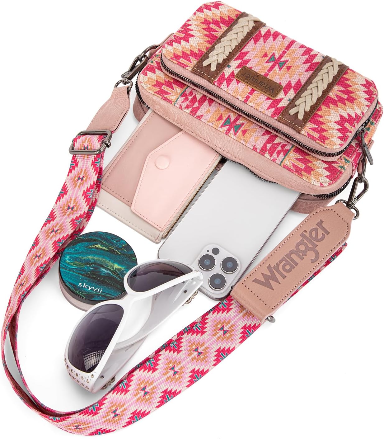 Wrangler Crossbody Bag for Women Boho Aztec Small Multi Pocket Crossover Purse - Image 6