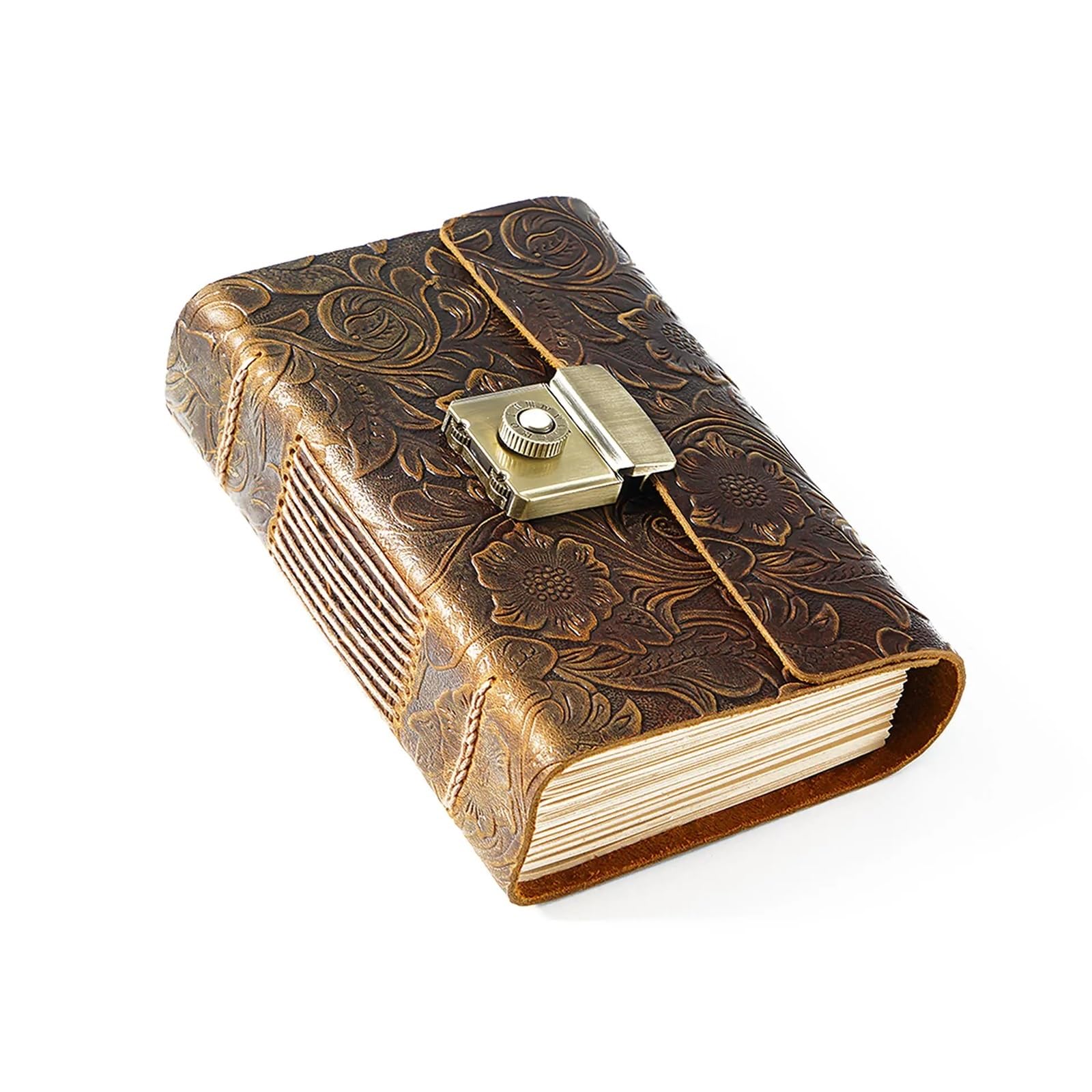 Diario con Candado Cuaderno de cuero vintage hecho a mano, diario antiguo con cerradura contraseña Caballo Loco, estilo mágico (A5, A6, A)(A7 carning brown)
